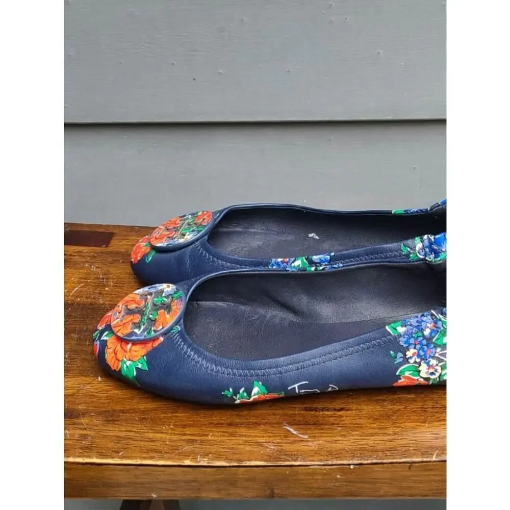 Tory Burch Navy and Red Floral Leather Ballet Flats size 8